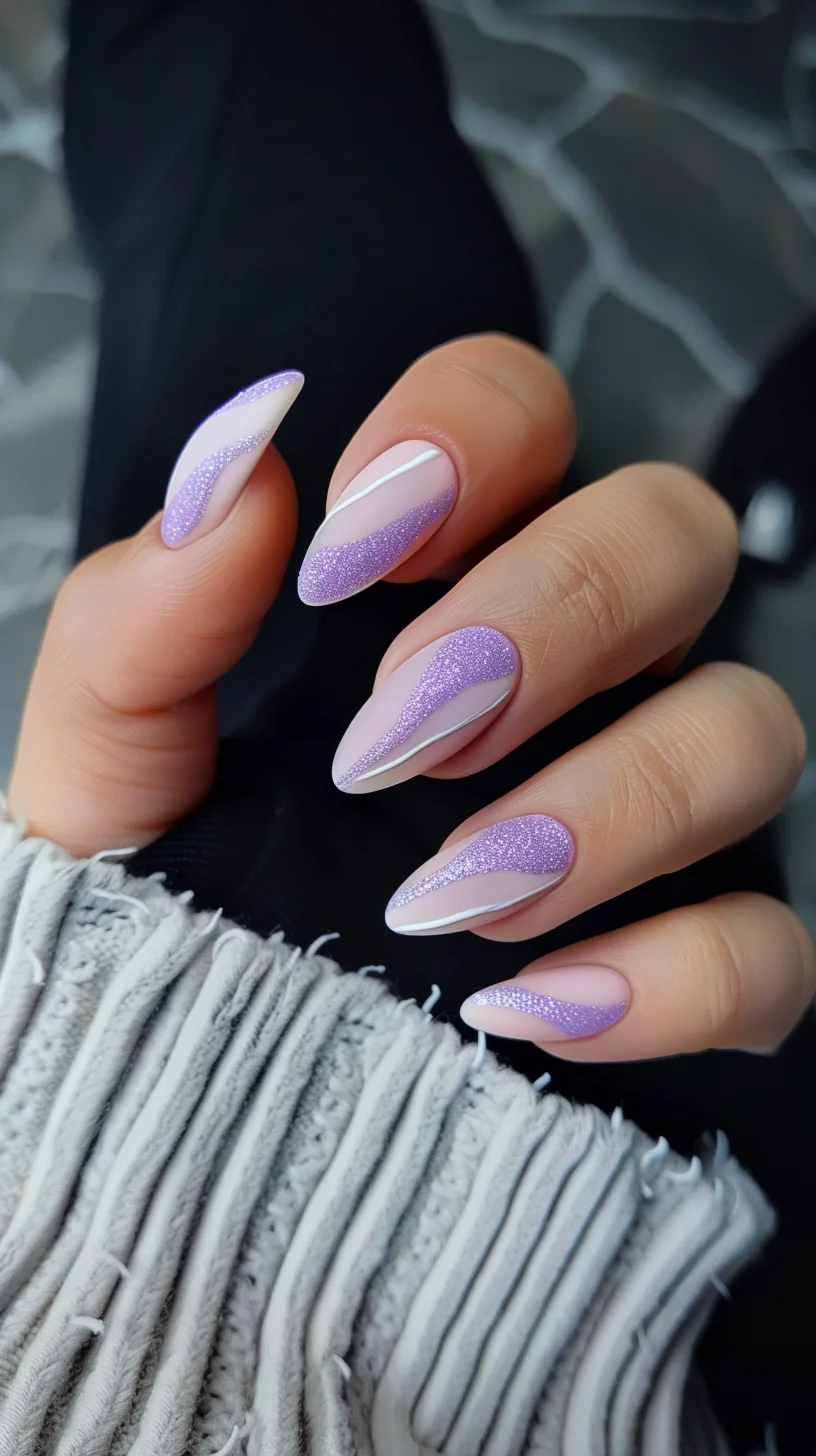 This design showcases a nude base with wavy, light purple accents adorned with fine glitter. The white outlines add a sharp contrast, making the waves stand out and giving the nails a modern and elegant appeal. 