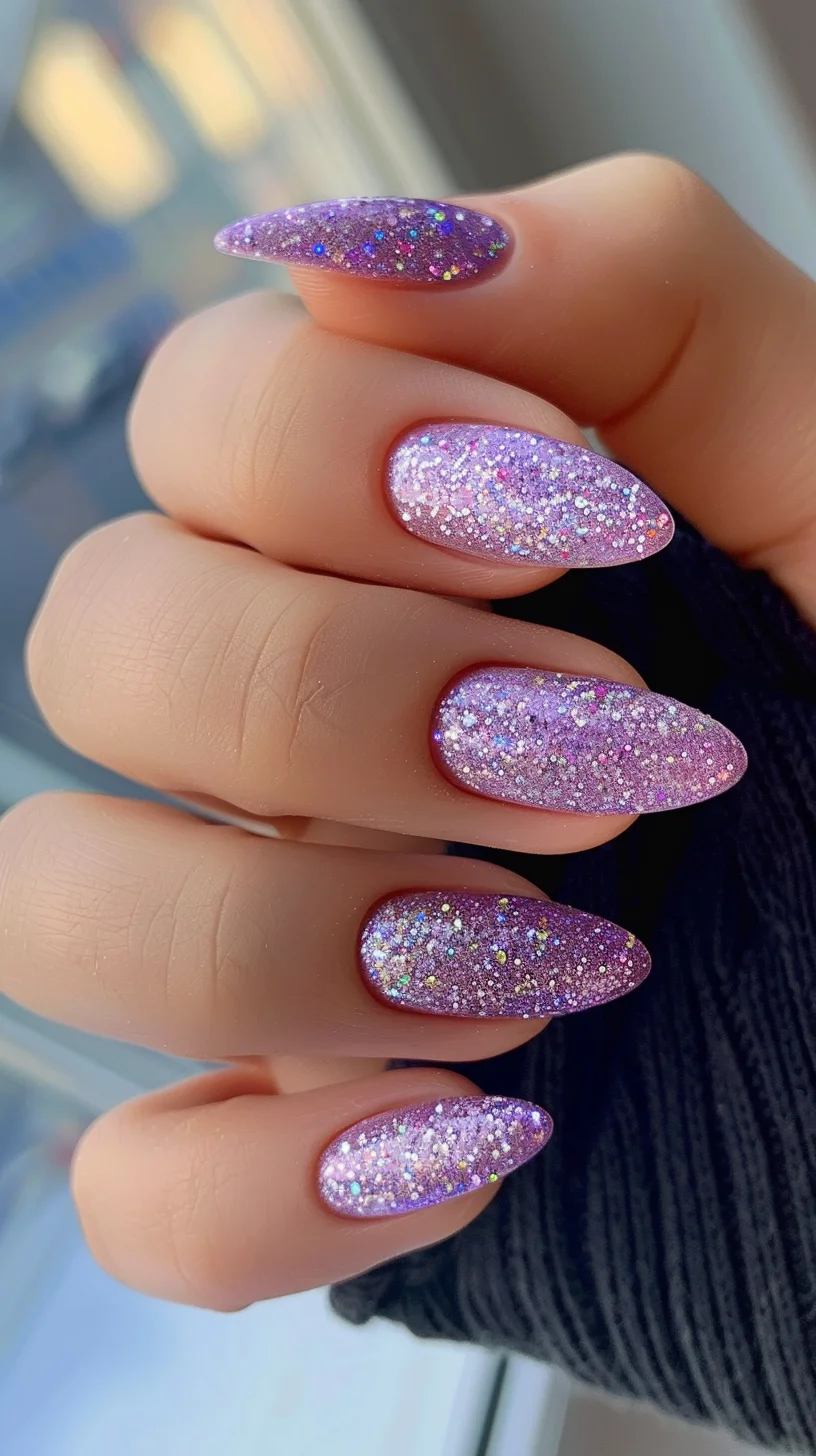 Showcasing a mesmerizing gradient from soft lavender to rich purple, these nails are enhanced with a generous layer of fine, iridescent glitter. The gradient effect adds depth and dimension, perfect for a sophisticated yet playful look.
