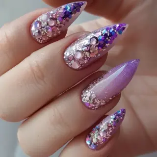A striking design with a light purple base, heavily decorated with an array of sparkling gems and glitters. The nails feature a mix of sizes and shapes, creating a rich, textured look that is both luxurious and eye-catching.