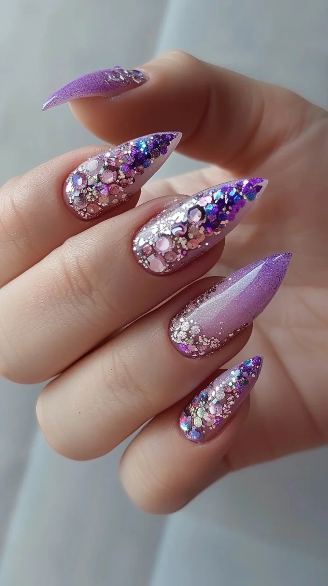 A striking design with a light purple base, heavily decorated with an array of sparkling gems and glitters. The nails feature a mix of sizes and shapes, creating a rich, textured look that is both luxurious and eye-catching.