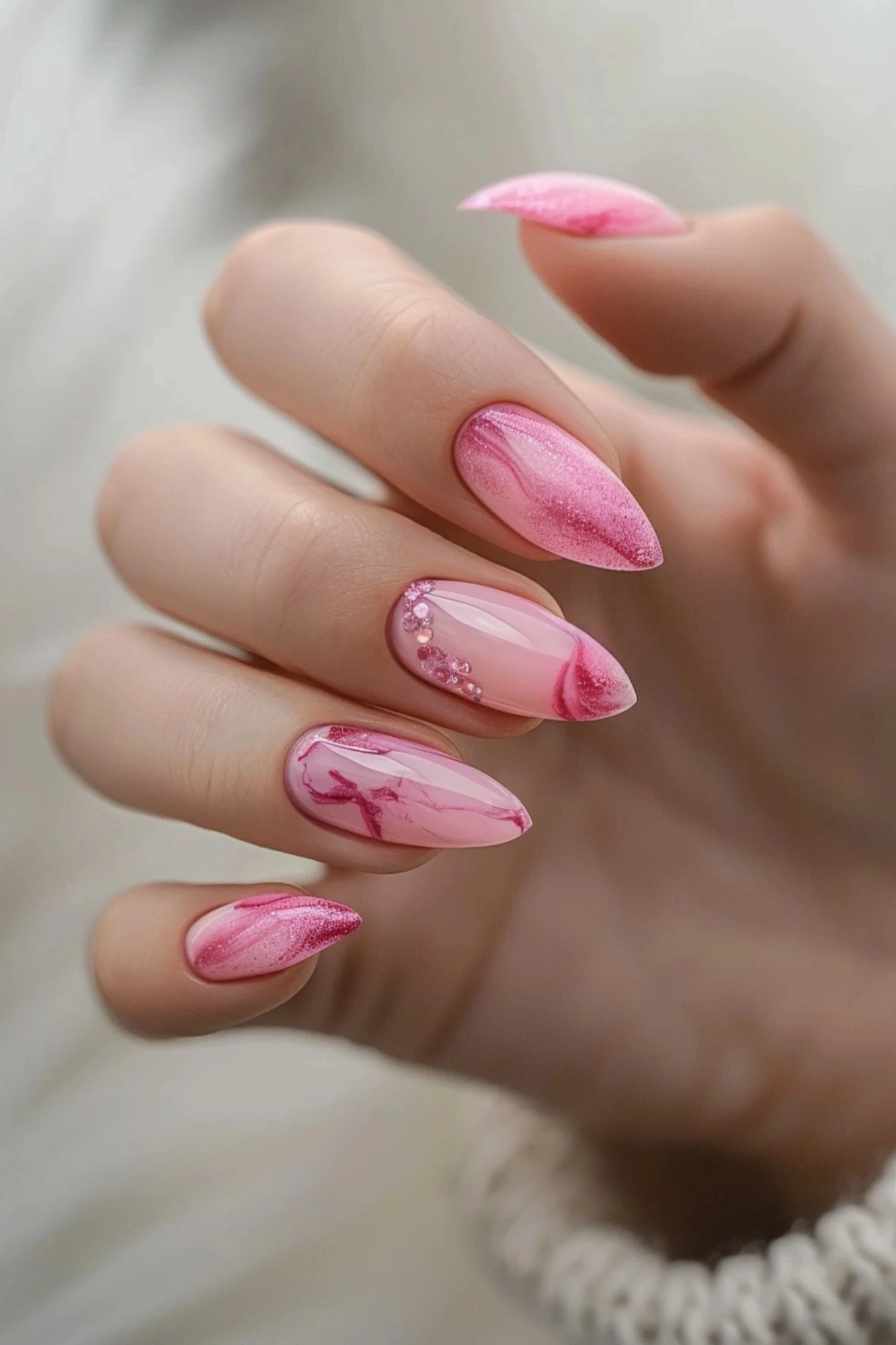 This manicure blends light pink tones with delicate marbling and glitter accents. The sophisticated design is versatile, adding a touch of elegance to both casual and formal looks.
