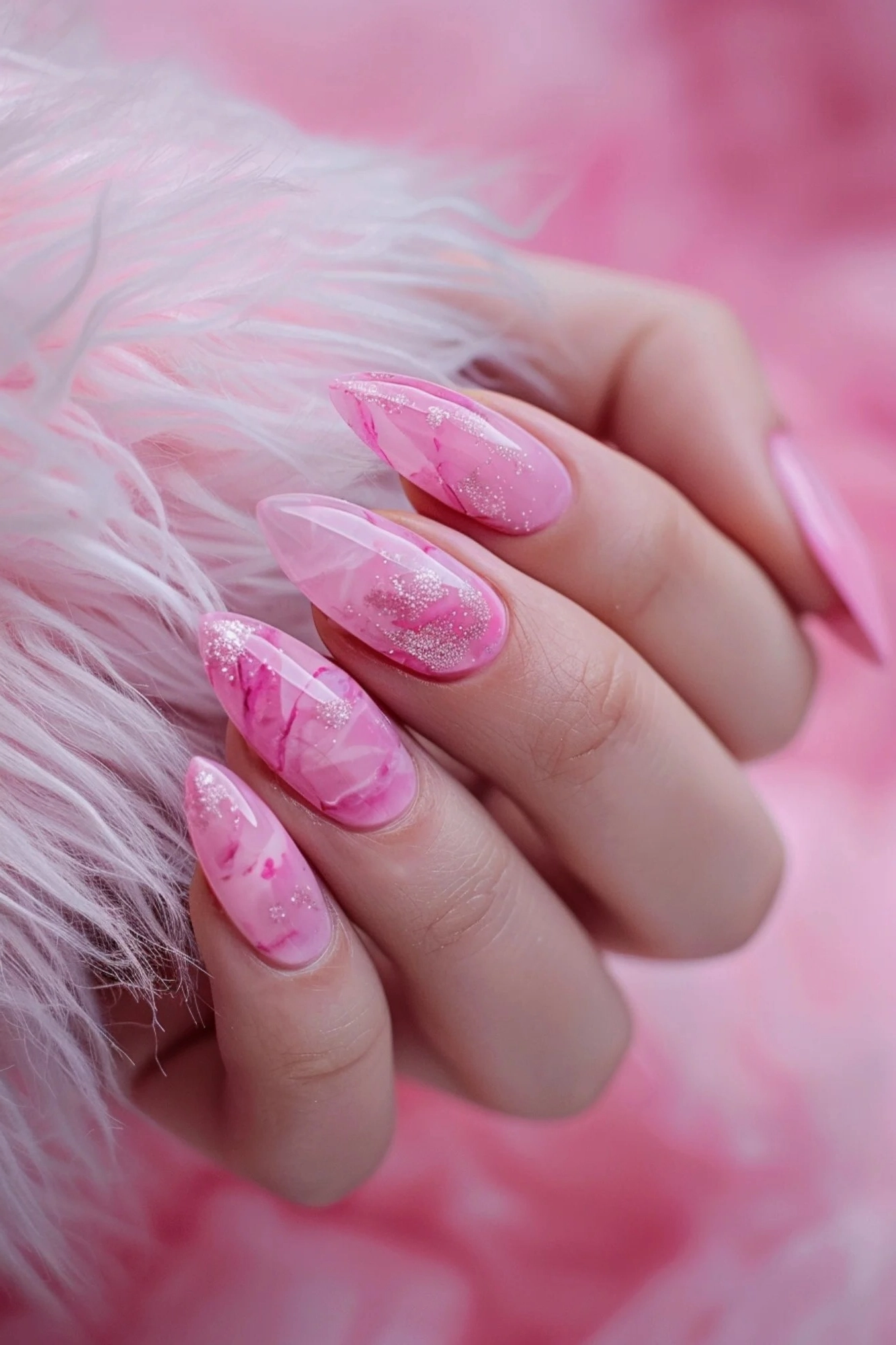 This nail design combines soft pink hues with bold marbling and glitter accents. The mix of textures and shades creates a dynamic and stylish look, ideal for any fashion-forward individual.