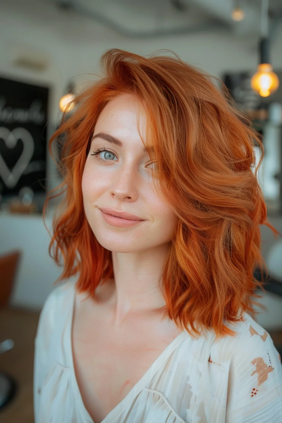 Soft waves meet a rich, golden red in this shoulder-grazing cut that balances volume and flow. The loose, flowing waves offer a natural, touchable texture that’s both relaxed and stylish. It’s a versatile look that pairs well with both casual and more polished settings, making it an everyday favorite.