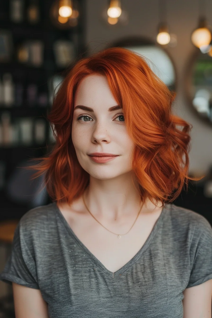 With a bright, almost neon orange-red shade, this shoulder-length hairstyle is all about making a statement. The subtle, soft waves add a touch of texture without overwhelming the vivid color. It’s a great style for anyone looking to express their bold personality through their hair, blending vivid hues with easygoing styling.