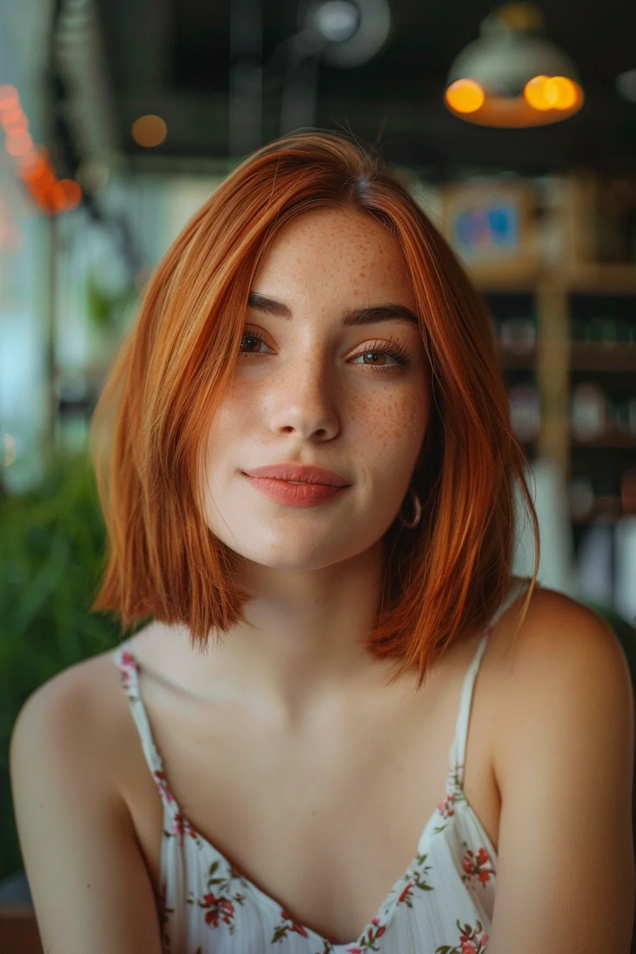 A softly textured bob in a stunning copper shade that catches the light beautifully, giving off a subtle shine. The ends are slightly blunt, maintaining a clean silhouette, while gentle layers add a hint of movement. It’s a fresh and vibrant look that brings a sense of warmth and approachability.