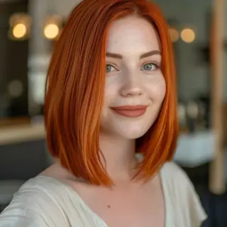 This sleek, straight bob features a bright, fiery red that&rsquo;s impossible to ignore. The cut is perfectly blunt, grazing just below the chin, and styled with a middle part that emphasizes symmetry. It&rsquo;s a bold choice for those who want to keep things simple yet striking, letting the vibrant color be the main attraction.