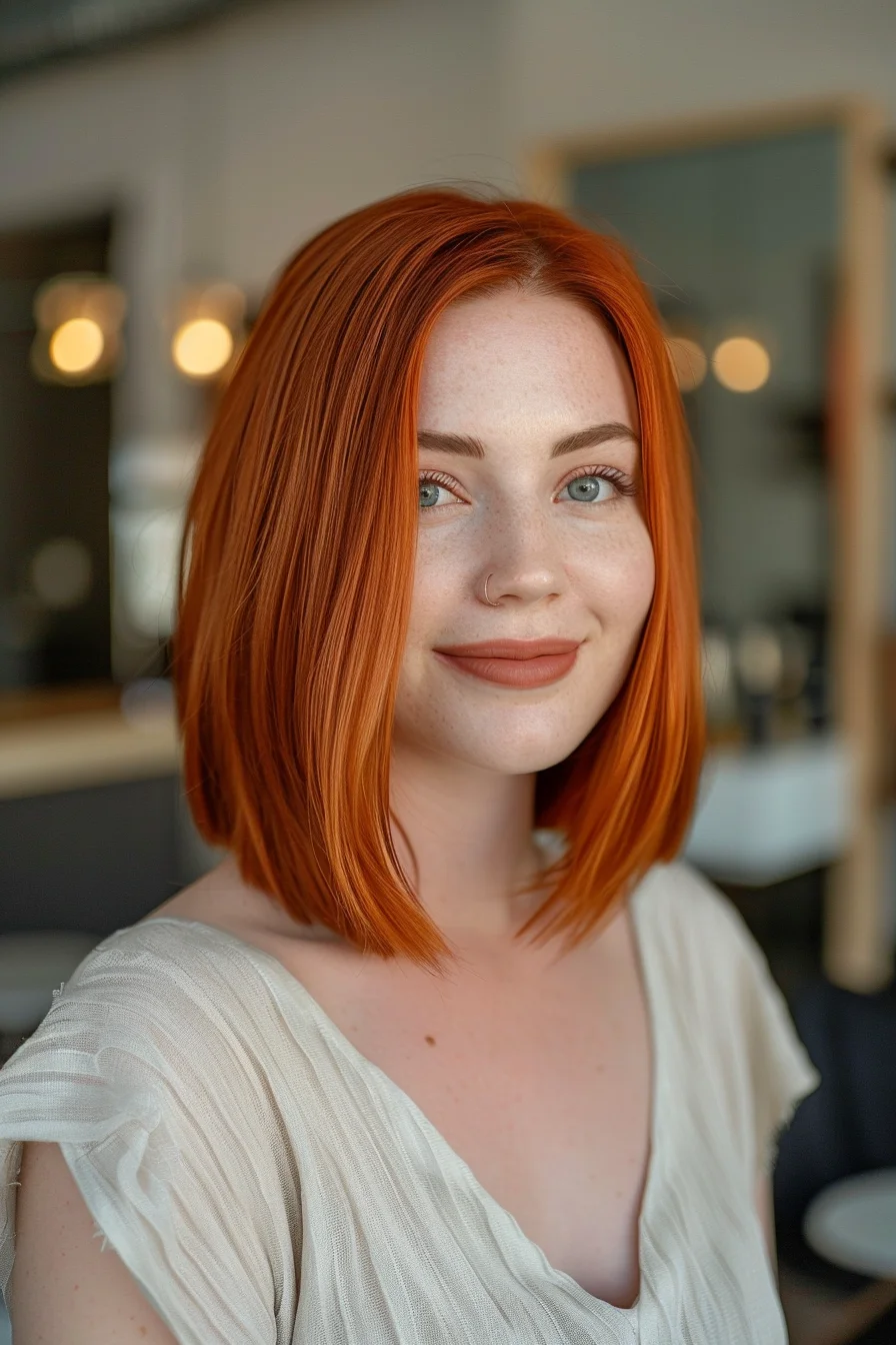 This sleek, straight bob features a bright, fiery red that’s impossible to ignore. The cut is perfectly blunt, grazing just below the chin, and styled with a middle part that emphasizes symmetry. It’s a bold choice for those who want to keep things simple yet striking, letting the vibrant color be the main attraction.