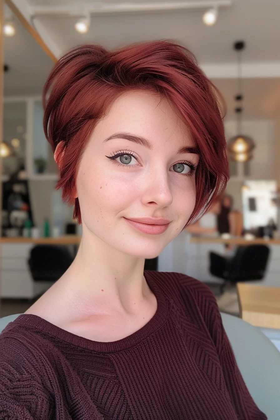 Edgy and modern, this pixie cut showcases a deep burgundy red with hints of plum, giving it depth and dimension. The asymmetrical styling, with one side slightly longer, adds a touch of drama, making it perfect for those who love to push the boundaries. It’s a daring, confident look that exudes personality and flair.