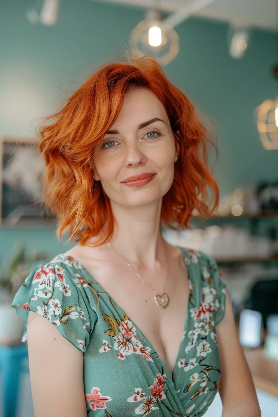 Bright and bouncy, this shoulder-length cut in a vivid orange-red is full of life. Loose waves create a fun, carefree texture that moves with every step, while the vibrant hue ensures all eyes are on you. Ideal for those who love a pop of color and a hairstyle that radiates joy and energy.