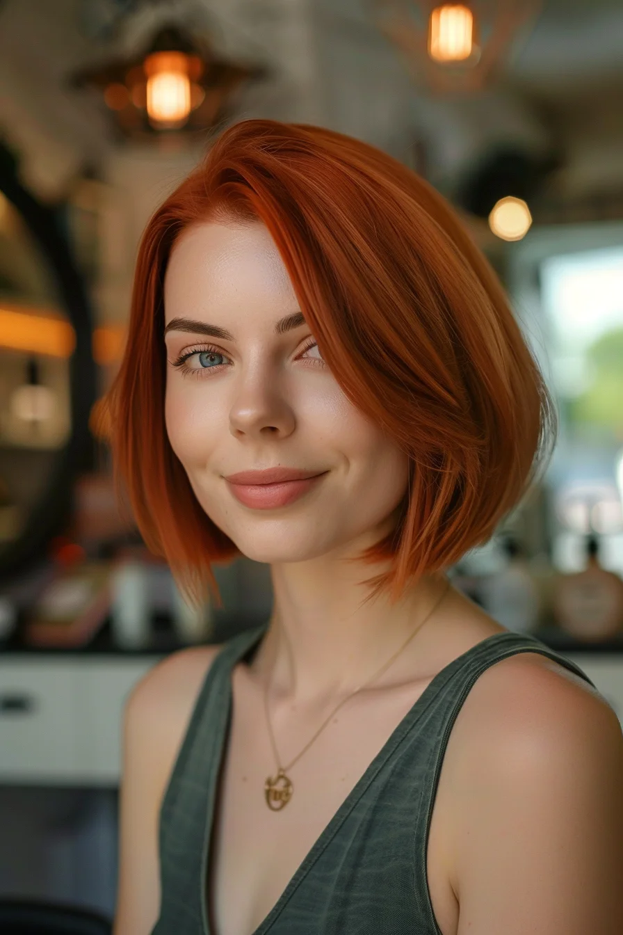 A classic bob in a rich, autumnal red that feels both timeless and fresh. The cut is all about clean lines and a soft, rounded shape that gently frames the face. With just enough length to tuck behind the ears, it’s a versatile look that works well with a variety of styles, from casual to sophisticated.