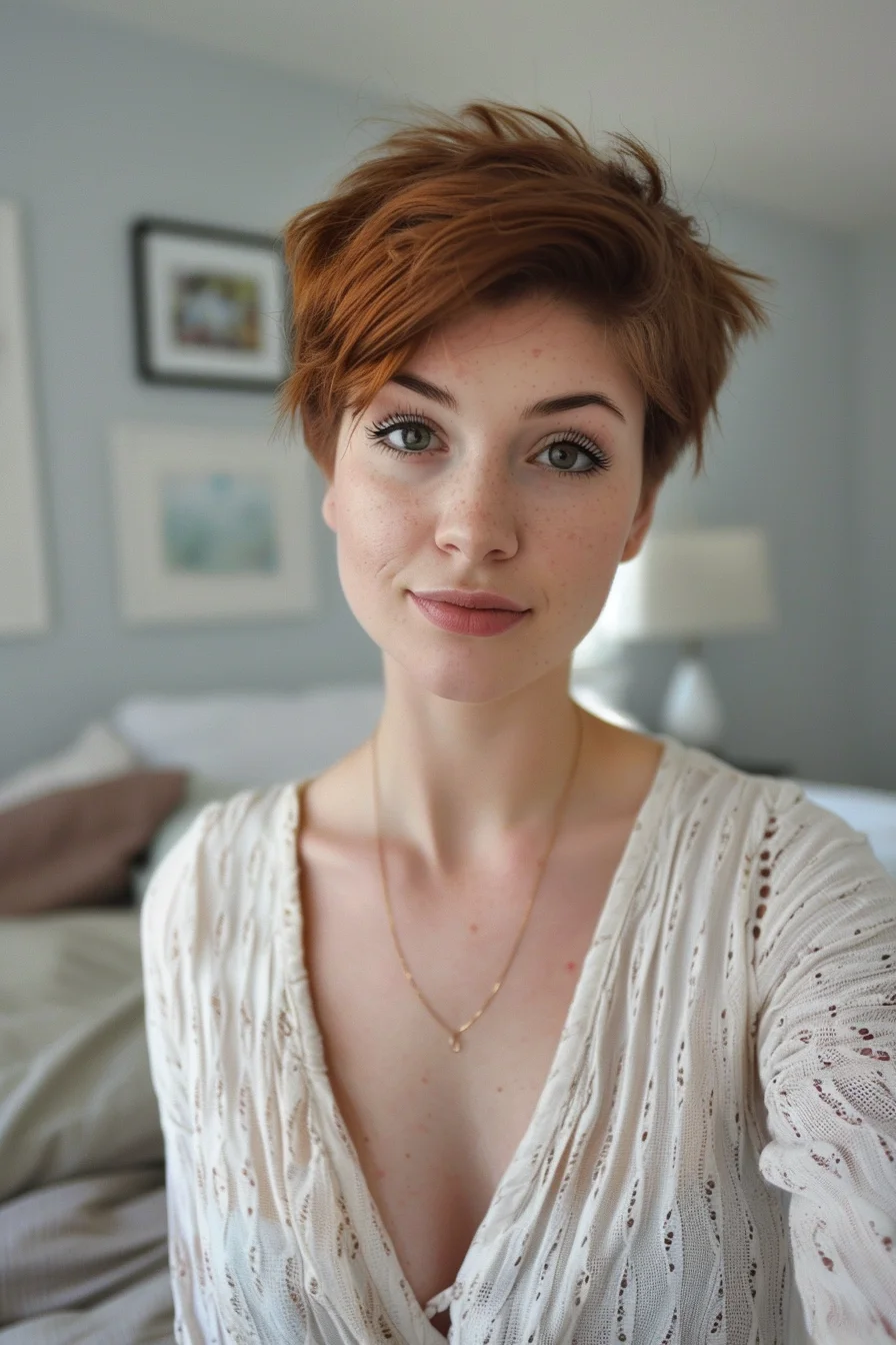 Short and sweet, this tousled pixie cut in a light copper shade is all about effortless style. The slightly messy texture gives it a playful edge, while the warm hue adds a soft glow. It’s the kind of hairstyle that’s easy to maintain yet full of character, perfect for those who prefer a more laid-back approach.