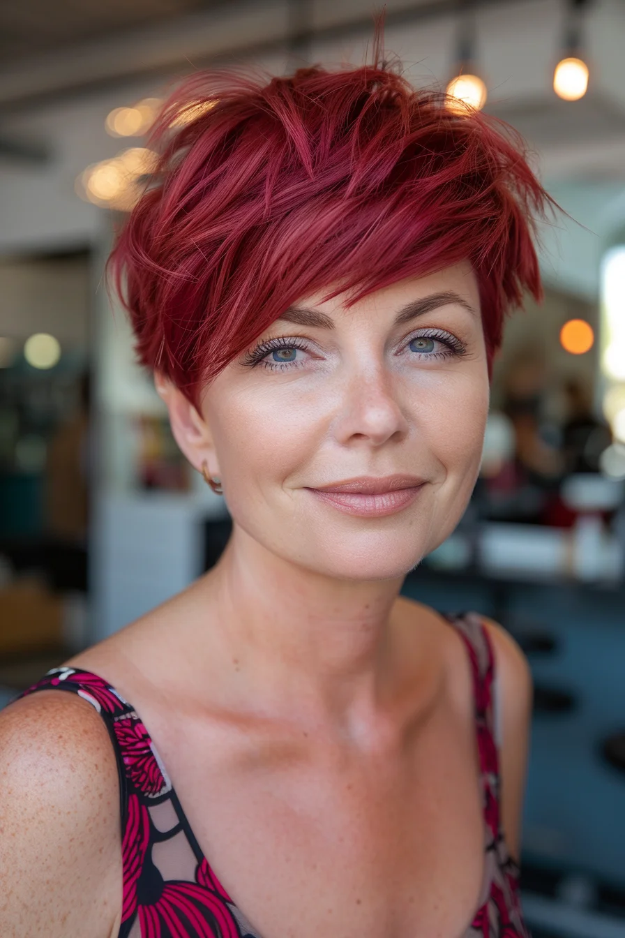 This pixie cut stands out with its vibrant magenta-red hue and textured layers that give it a lively, tousled finish. The short, choppy bangs add a playful touch, perfectly framing the face while keeping the overall look fresh and modern. It's an energetic style that radiates confidence and individuality.