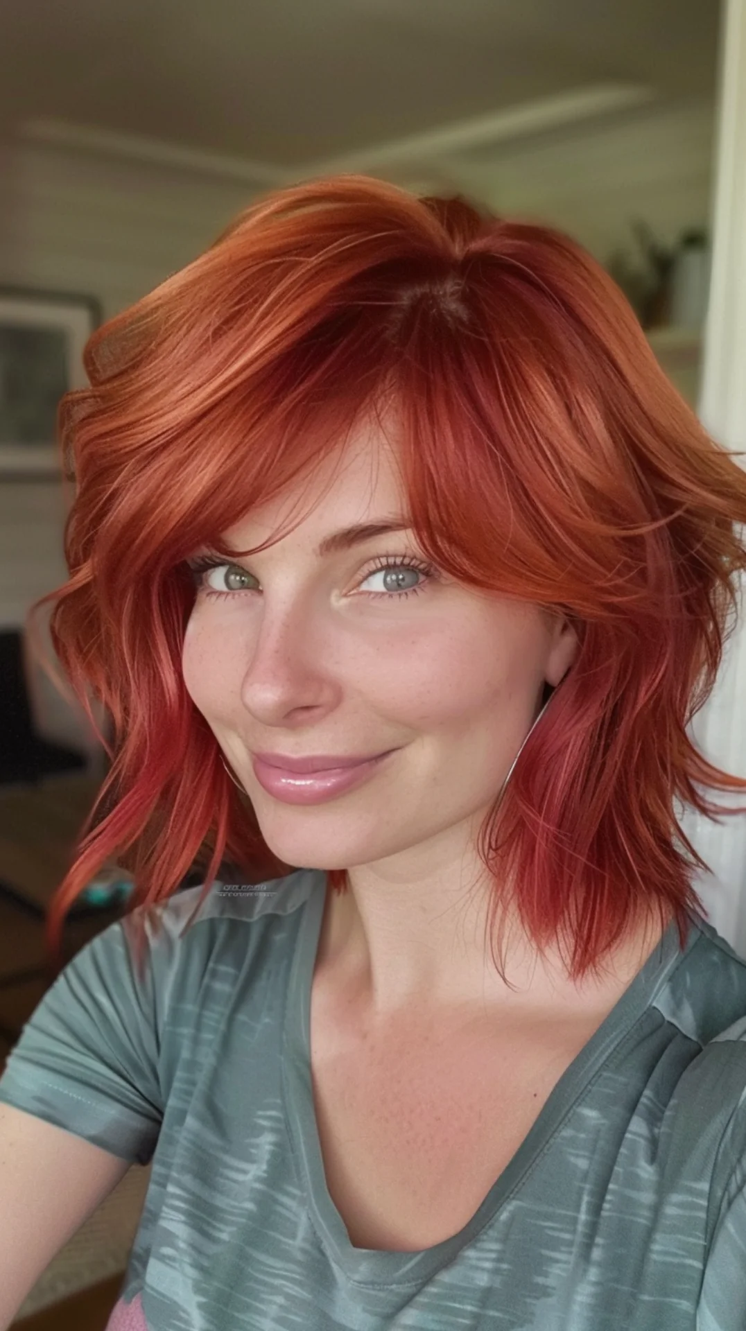 For a bold take, the second look showcases a tousled shag with an intense red shade that leans toward deep auburn with hints of orange undertones. The layers are choppy and voluminous, giving the hair a lively, carefree vibe. This cut works beautifully for those who embrace a bit of wildness in their style, with the feathered ends adding an extra touch of rebellious charm.