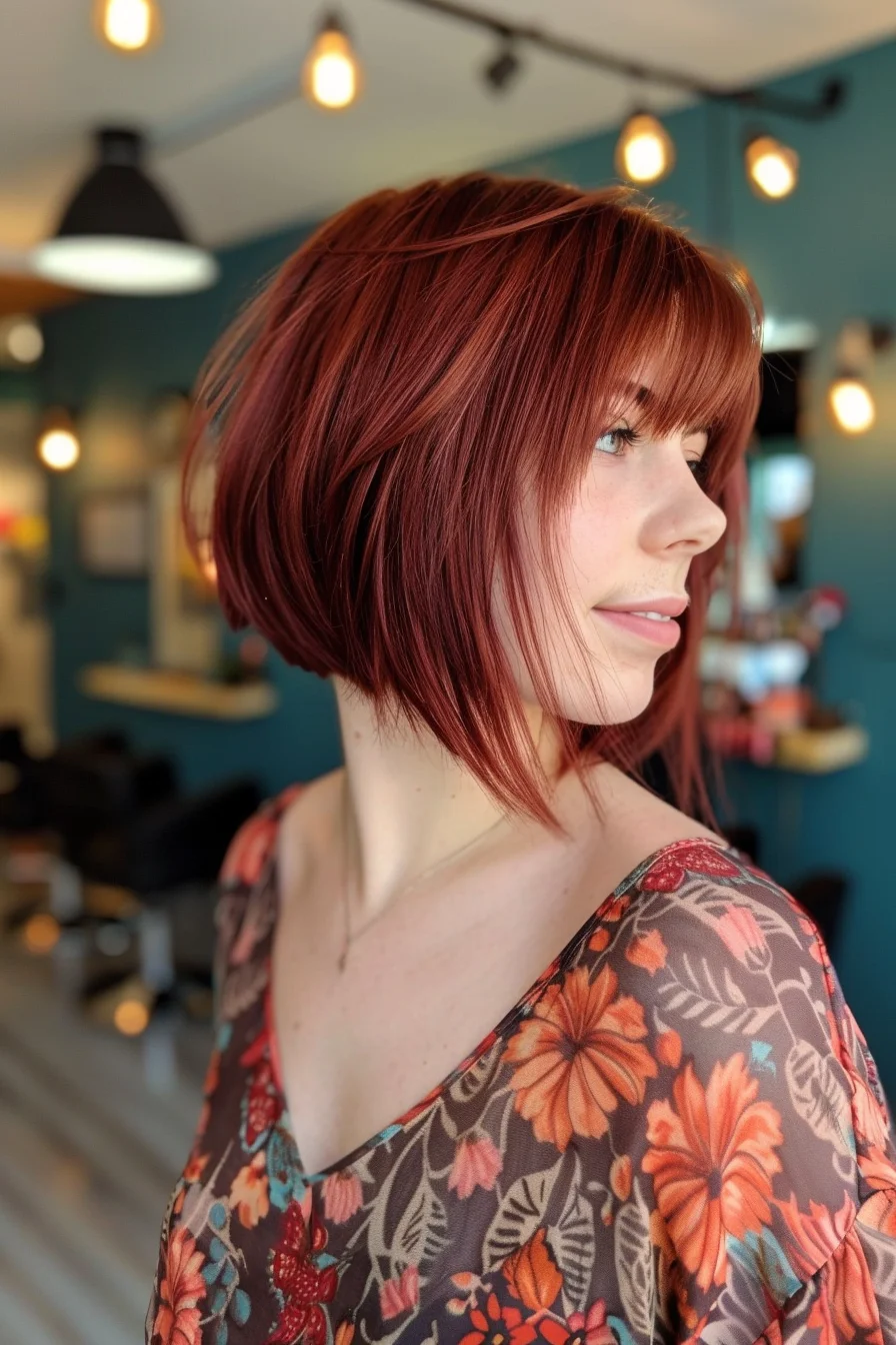 A chic, angled bob in a deep mahogany red that exudes sophistication. The slightly longer front pieces create a flattering face-framing effect, while the wispy bangs soften the overall appearance. This cut strikes a perfect balance between polished and edgy, making it an ideal choice for a versatile, everyday look.