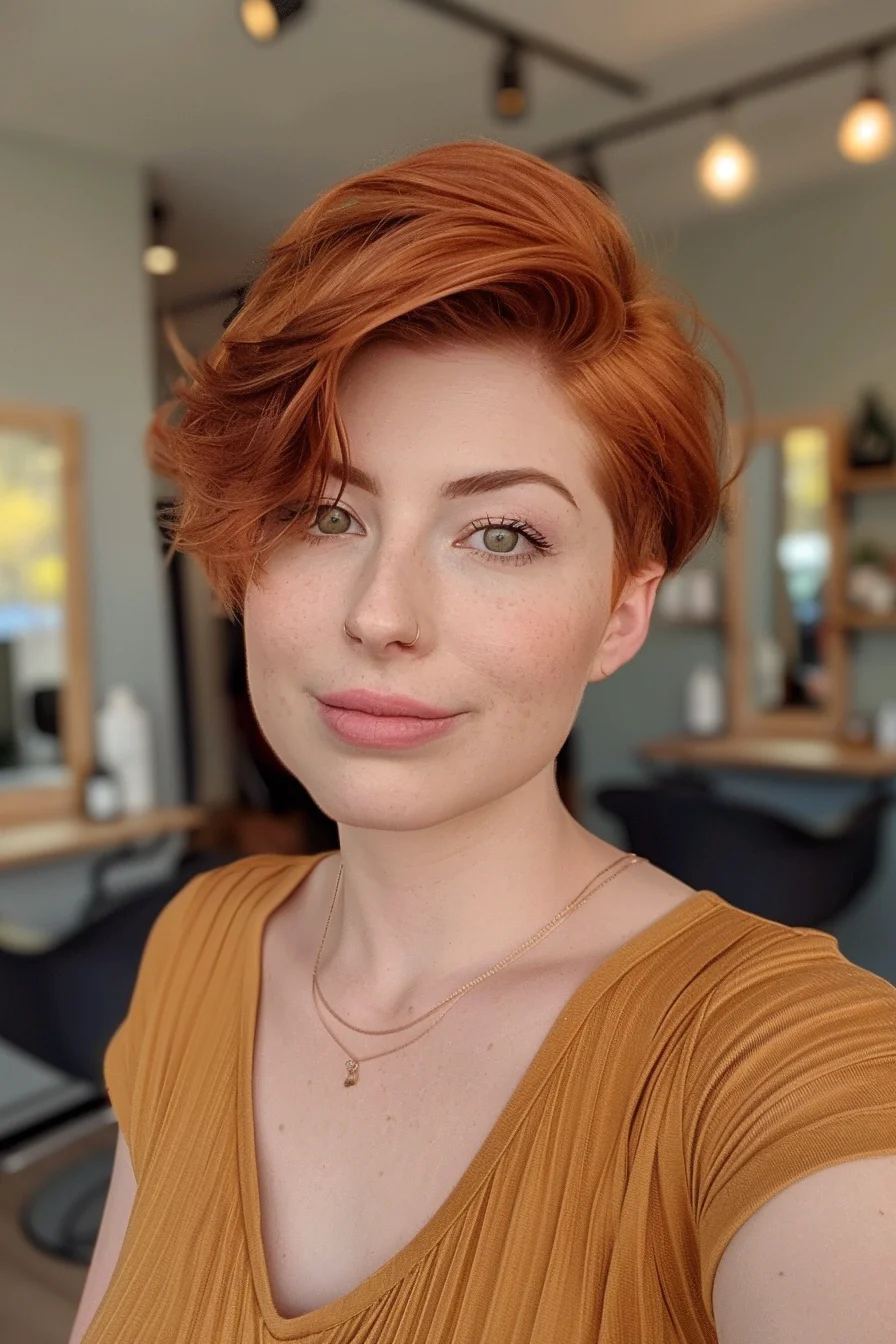 Styled with a voluminous wave, this short hairstyle is bathed in a soft copper hue that catches the light beautifully. The subtle layers and swept-back style add height and movement, offering a playful yet elegant vibe. It’s a fun, flirty option for those who enjoy a bit of lift in their style without going too bold.