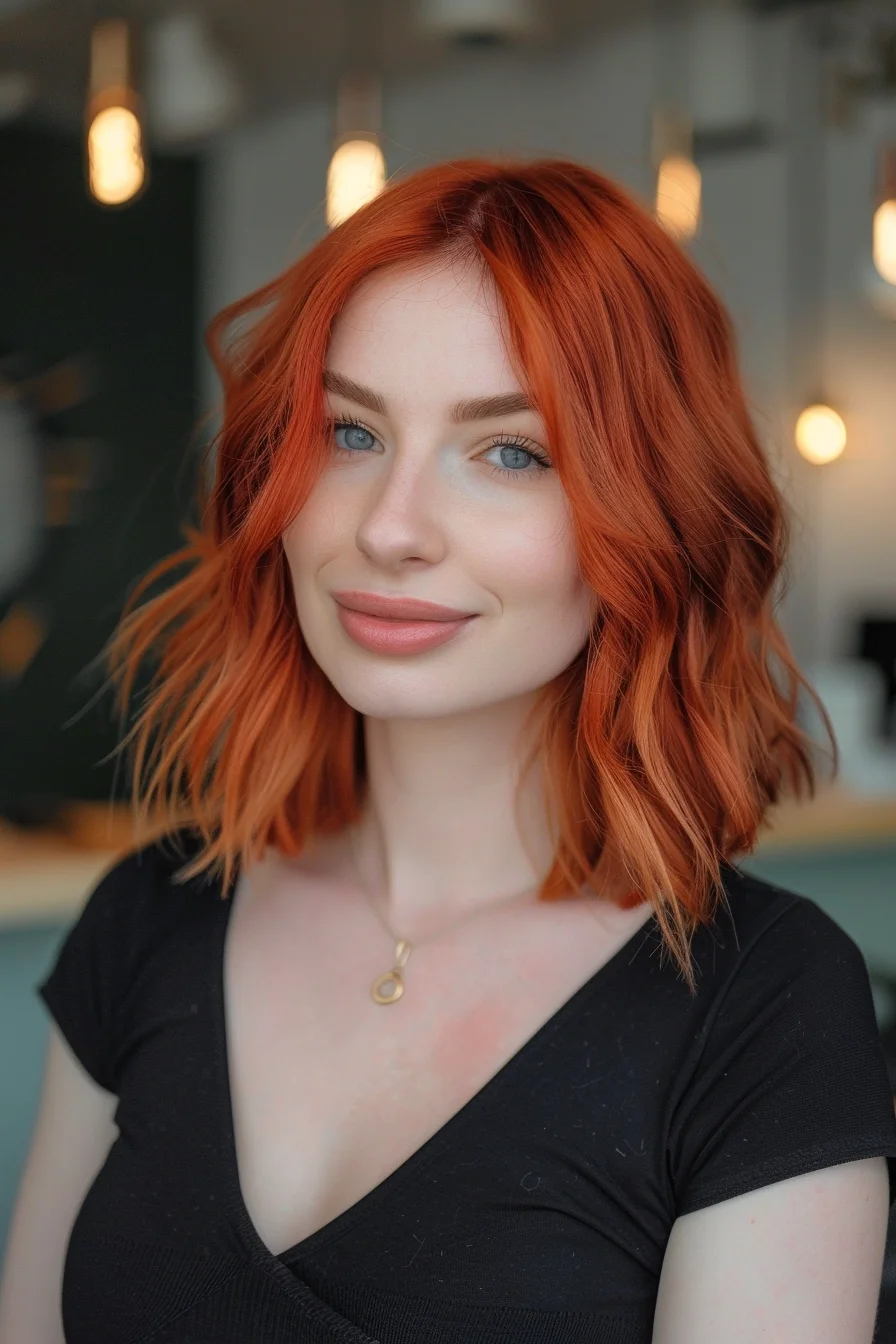 Radiant and full of life, this wavy bob features a bright, fiery red that commands attention. The loose, beachy waves provide a carefree and youthful look, making it perfect for anyone who wants to embrace a more relaxed, yet striking style. The vibrant color complements the soft wave pattern, creating a dynamic and trendy aesthetic.