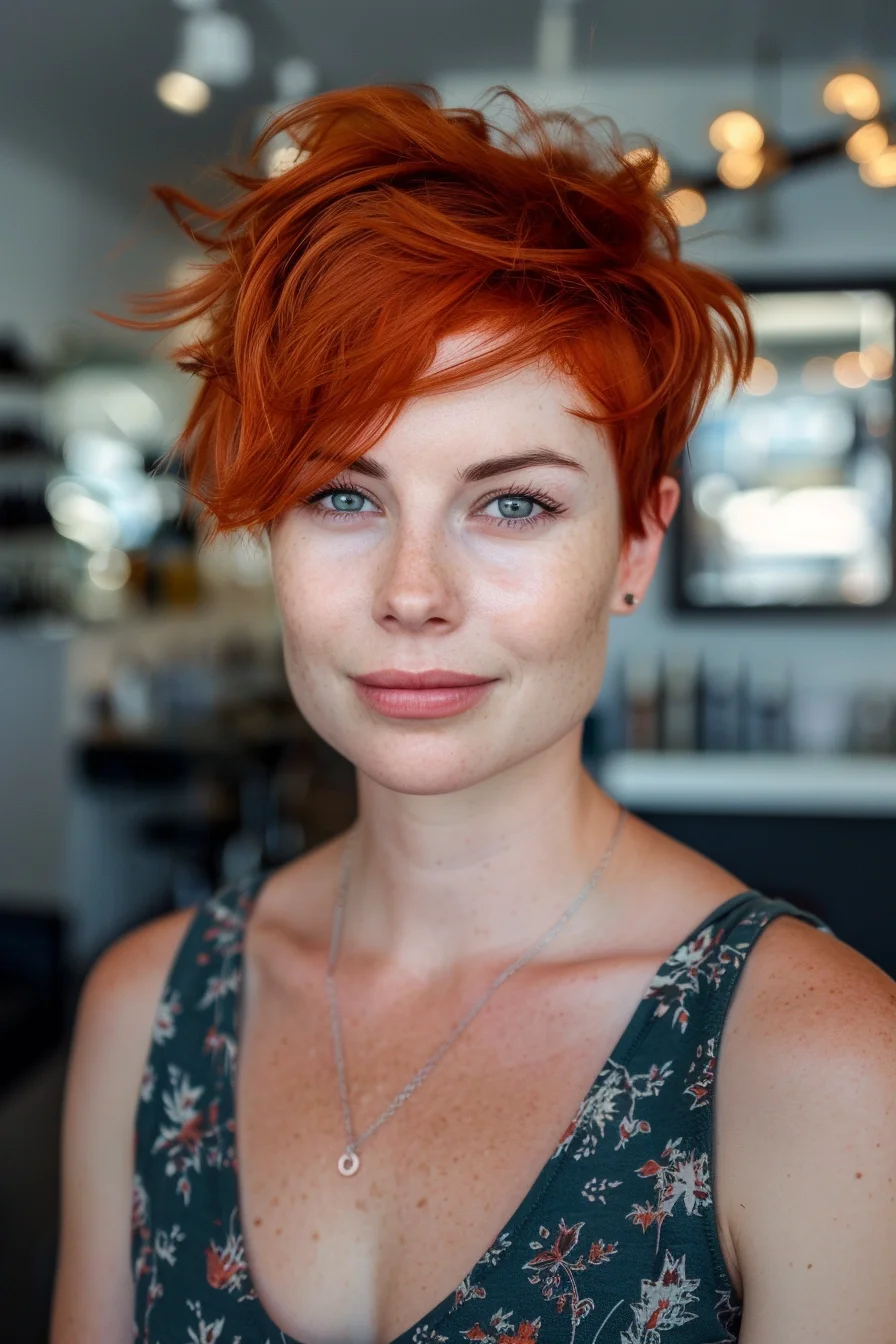 With a modern twist on the classic bob, this style features a rich, copper red with sleek, straight lines that fall just below the chin. The subtle side part and clean cut give it a minimalist yet sophisticated look, making it an excellent choice for those who appreciate simplicity with a bold splash of color.