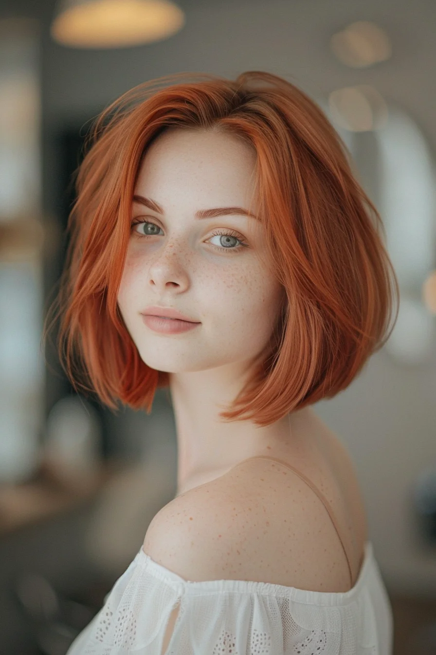This hairstyle features a soft and natural bob with a warm, copper-red hue. The hair is styled with gentle waves and a middle part, enhancing the model's light skin tone and freckles. The off-the-shoulder white top complements the warm red tones, creating a fresh and airy look.