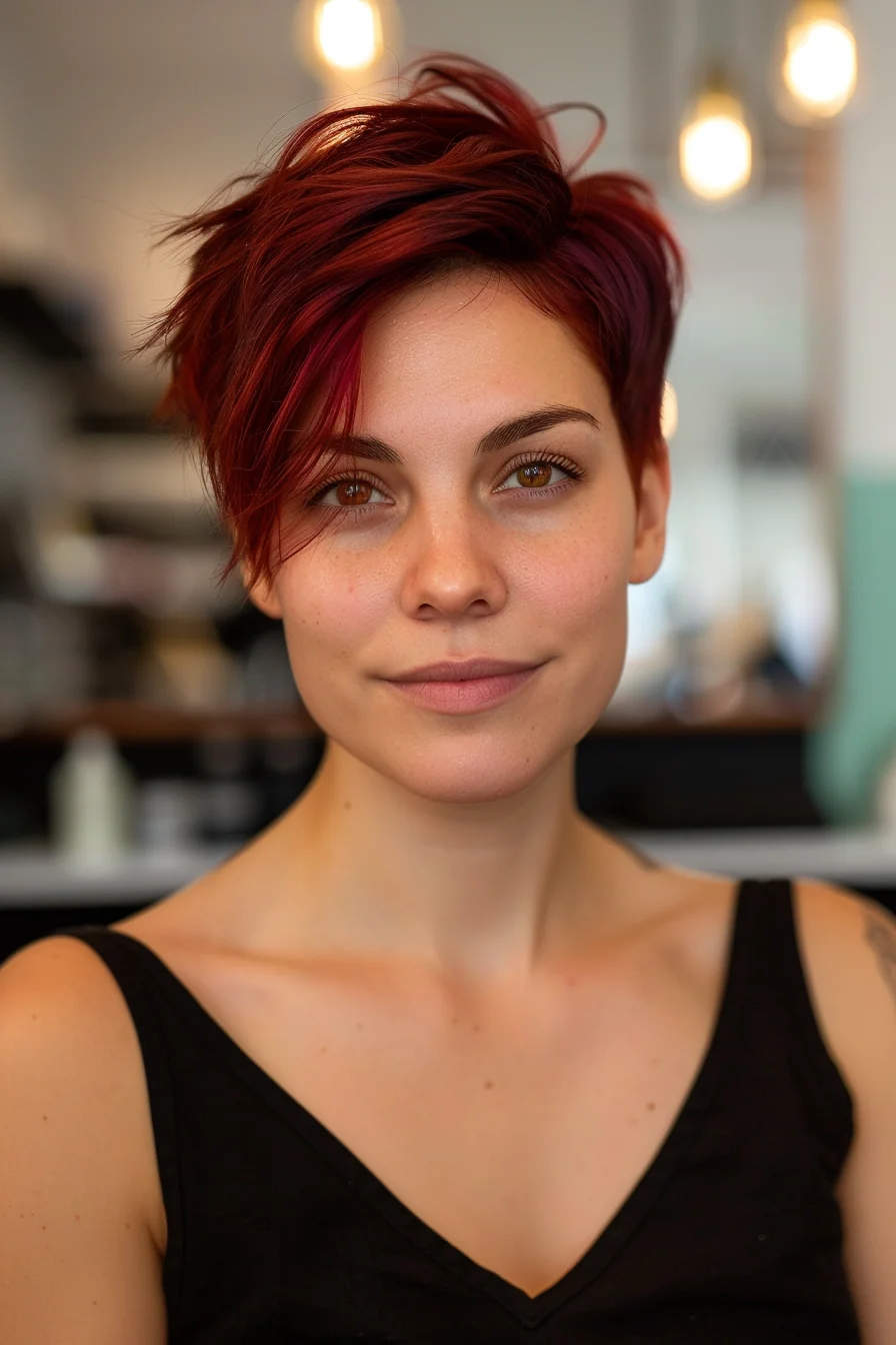Edgy and bold, this cropped pixie cut features a vivid red hue that commands attention. Longer pieces on top are artfully styled for a textured, piece-y look, while the sides are kept short for contrast. The color is a true showstopper - a bright, fiery red that's unapologetically fierce. It's a daring choice for those who love to push boundaries and express their unique personality through their hair.