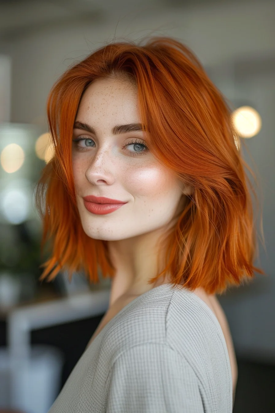 Soft, coppery waves frame the face in this stunning shoulder-length cut. The color is a warm, golden-red that evokes images of autumn sunsets. Subtle layers throughout add movement and body, creating a effortlessly chic look. This versatile style can be worn sleek and straight or with beachy waves for a more casual vibe. It's a timeless choice that flatters a variety of face shapes and skin tones.