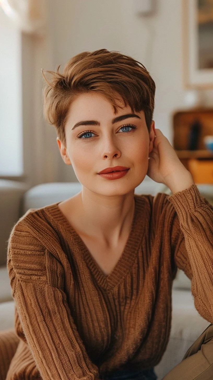 Next up is a chic pixie cut that’s both sophisticated and fun, featuring a soft, muted ginger tone that gives off a warm and inviting feel. The haircut is meticulously crafted with short sides and a slightly longer top, allowing for versatility in styling. Whether it’s brushed back for a sleek look or tousled for casual vibes, the subtle variance in lengths adds a playful dimension to the overall cut, making it perfect for anyone looking to exude confidence with a touch of playfulness.