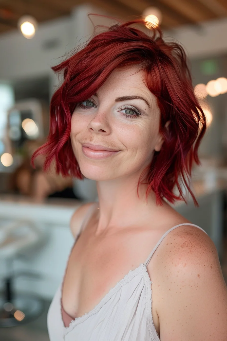 Vibrant ruby-red locks take center stage in this stunning short bob. The cut falls just below the chin, with tousled layers adding volume and movement. A side-swept fringe frames the face beautifully, while the rich, multi-dimensional color catches the light, creating a mesmerizing effect. This bold yet versatile style exudes confidence and playfulness, perfect for those looking to make a statement with their hair.