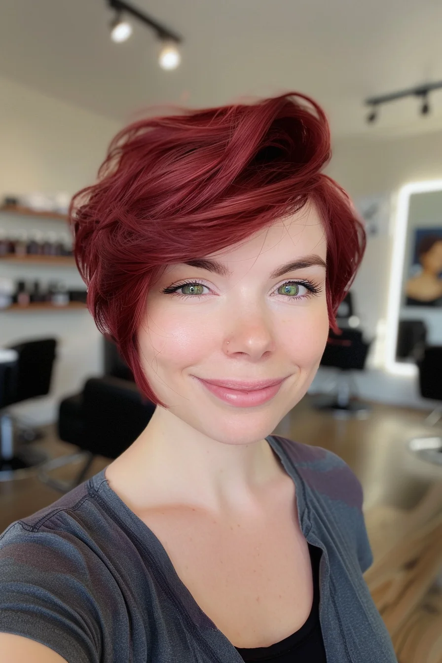 A daring pixie cut showcases a brilliant crimson hue that's sure to turn heads. The longer top layers are styled with volume and texture, creating a chic, windswept look. The vibrant red color is beautifully multi-tonal, with deeper burgundy undertones adding depth and dimension. This fearless style is ideal for those ready to embrace their inner fire and showcase their personality through their hair.