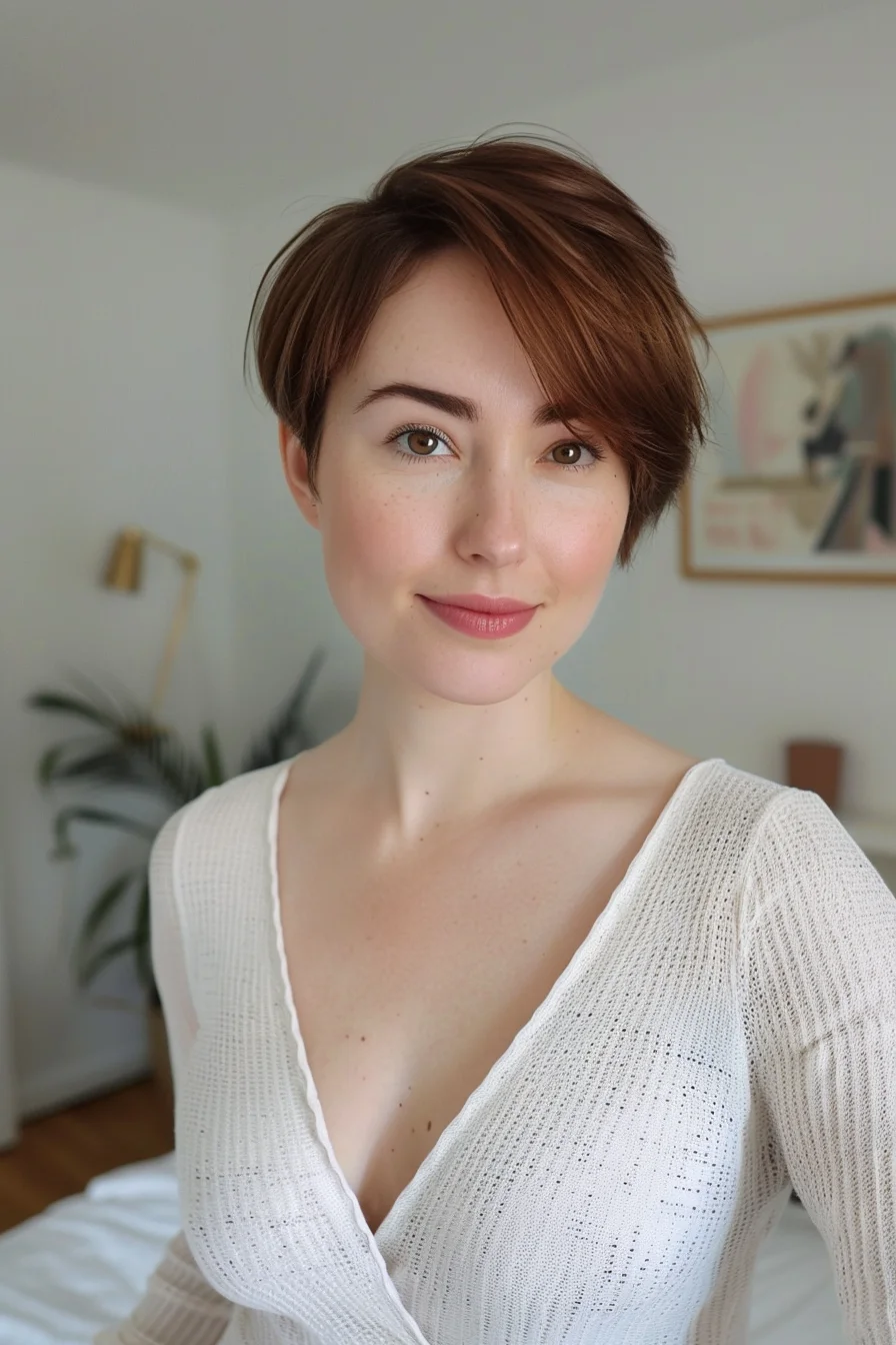 Subtle sophistication meets modern edge in this auburn pixie cut. The hair is expertly cropped short at the sides and back, with longer layers on top styled for a sleek, swept-back look. The warm, reddish-brown hue is rich and natural-looking, with subtle highlights adding depth and shine. This low-maintenance yet high-impact style is perfect for the woman who wants to combine elegance with a touch of daring.