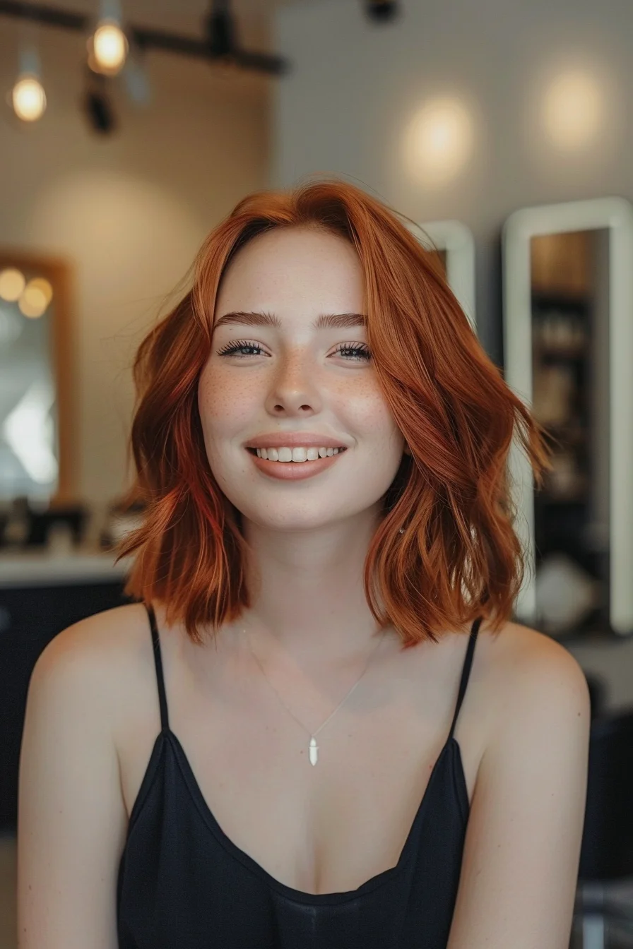 Sun-kissed copper waves cascade just past the shoulders in this effortlessly chic style. The cut features soft layers that create movement and body, while the vibrant orange-red hue is reminiscent of a summer sunset. Subtle highlights throughout add dimension and brightness, making the color appear to glow from within. This radiant look is perfect for those wanting to embrace their inner free spirit while maintaining a polished appearance.