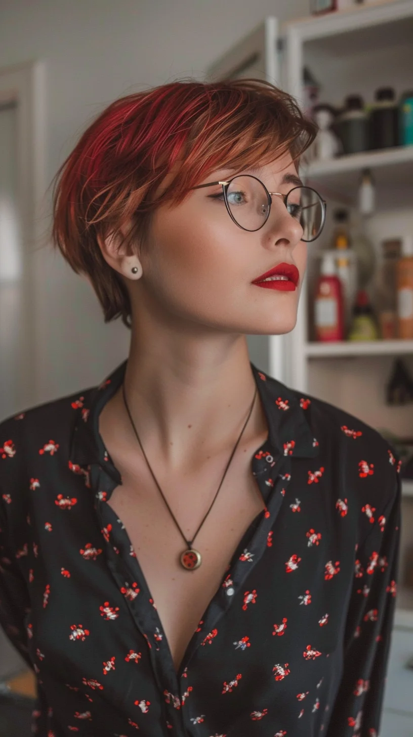 Fiery red meets edgy chic in this daring pixie cut. The hair is cropped ultra-short at the sides and back, with longer pieces on top styled for maximum texture and volume. The color is a bold, multi-tonal red, ranging from deep burgundy to bright cherry, creating a dynamic and eye-catching effect. Paired with round glasses and a bold lip, this look exudes confidence and individuality, perfect for the fashion-forward trendsetter.