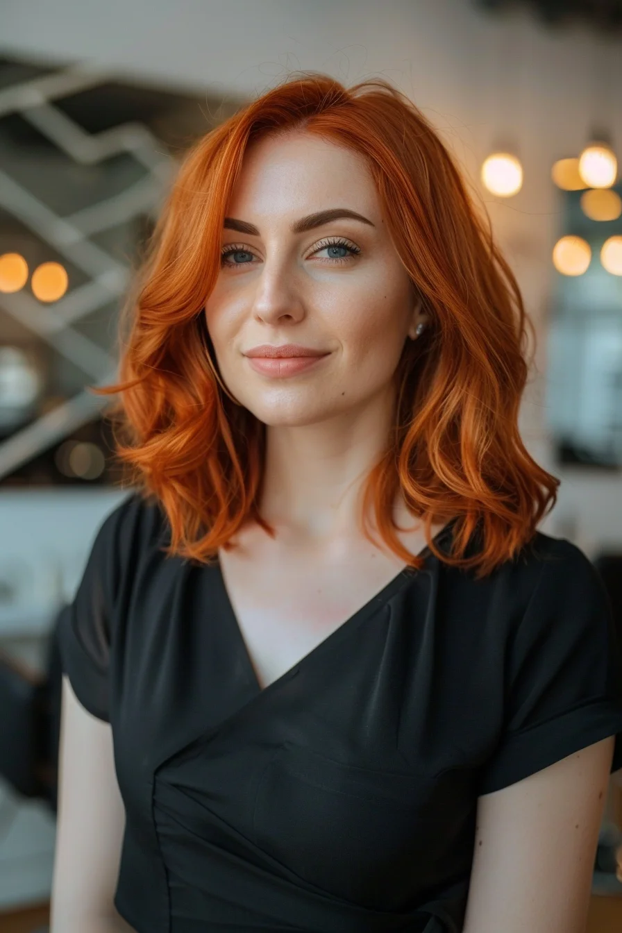 Fiery copper waves cascade just past the shoulders in this captivating style. The cut features soft, face-framing layers that create beautiful movement and body. The vibrant orange-red hue is reminiscent of a blazing sunset, with subtle highlights throughout adding dimension and warmth. Styled in loose, tousled curls, the hair has a natural, effortless look that exudes both sophistication and approachability. This radiant color and cut combination is perfect for those wanting to make a bold statement while maintaining a polished, versatile look. The shoulder-length style offers plenty of styling options, from sleek and straight to voluminous and wavy, making it ideal for the modern woman who loves to switch up her look.