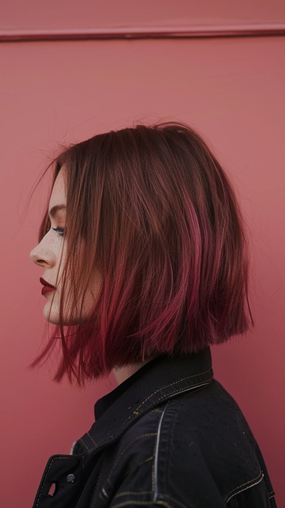 A striking contrast comes in the form of a sharp, asymmetrical bob with an eye-catching burgundy base accented by vibrant pink highlights. The angular cut frames the face beautifully, creating a modern silhouette that’s both daring and fashionable. The pops of pink infuse a youthful energy, while the overall deep red tone maintains a sense of depth and richness. 