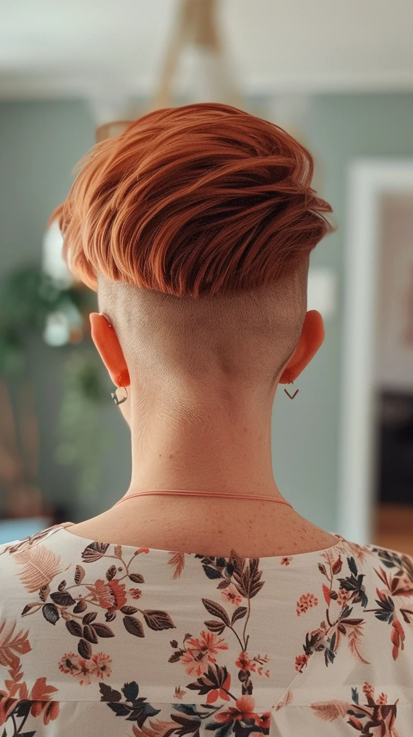A bold undercut paired with a swept-back top makes for a truly head-turning style. The hair is dyed in a vivid, almost neon red that instantly grabs attention, with the shaved sides providing a striking contrast that emphasizes the volume and texture on top. This haircut is all about making a statement, combining the edgy appeal of an undercut with the vibrant allure of red hair.