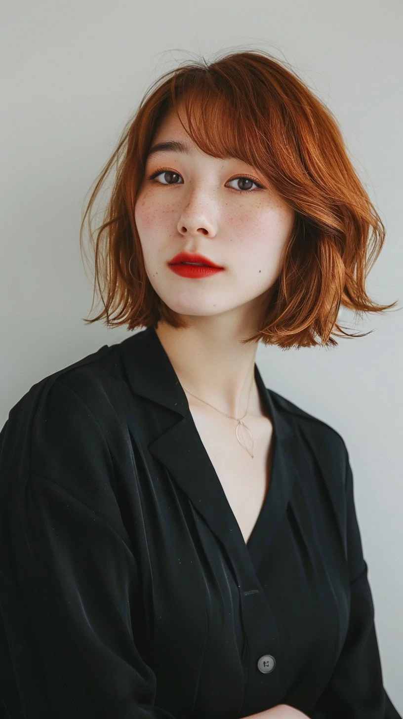 Rounding off the set is a soft bob featuring a gentle wave and a stunning shade of copper with subtle golden highlights. The waves add a natural, effortless texture, perfect for those who enjoy a more laid-back, yet polished appearance. The cut sits right above the shoulders, making it versatile enough for both everyday wear and more dressed-up occasions.