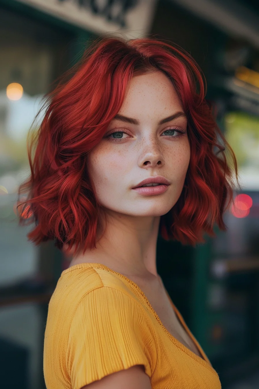 A vibrant, wavy bob in a striking shade of ruby red that captures attention effortlessly. The soft, undone waves add texture and bounce, giving the cut a playful yet refined look. Perfect for those who want a fun, youthful vibe with just the right touch of bold color.