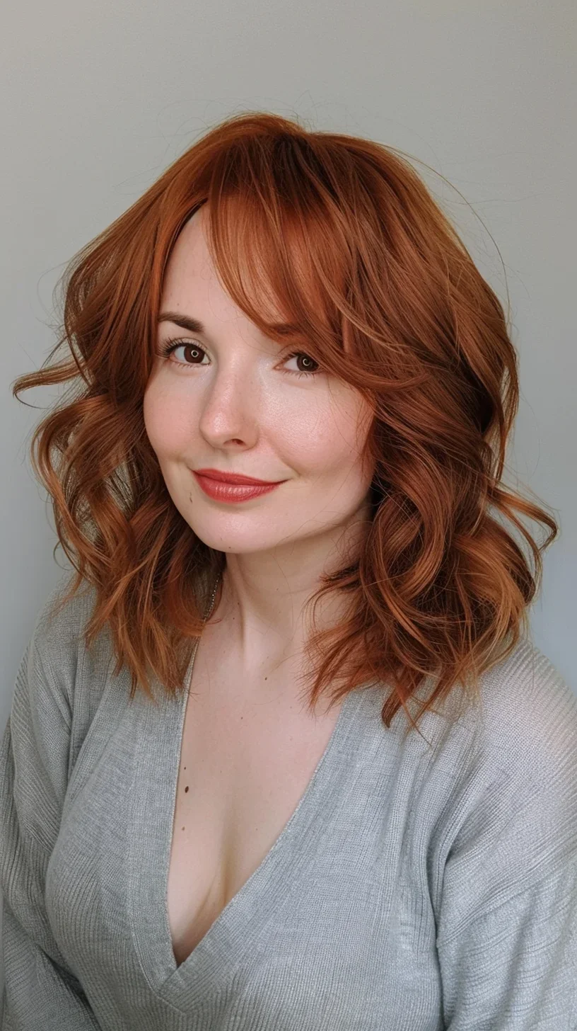 This style features a warm, coppery red hue with subtle golden undertones, adding a luminous glow. The hair is styled into loose waves with gentle layers framing the face, creating a soft, romantic feel. The addition of light, airy bangs adds to the effortlessly chic appeal of this look.