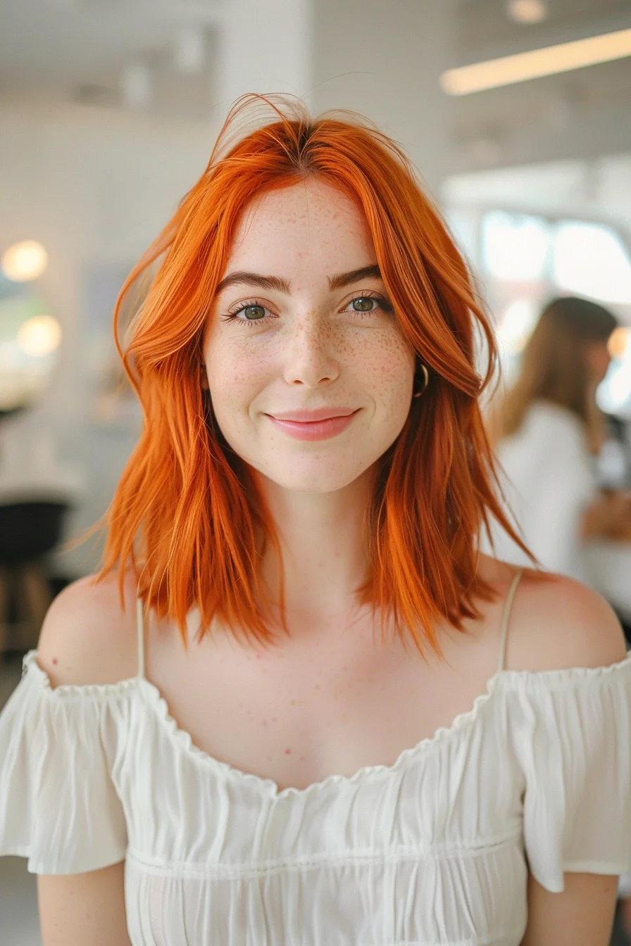 An electrifying orange-red shade that practically glows, this shoulder-length cut is full of energy and movement. The strands are slightly tousled for a casual, beachy finish, making it an ideal choice for those who love a vibrant, carefree aesthetic that stands out in a crowd.
