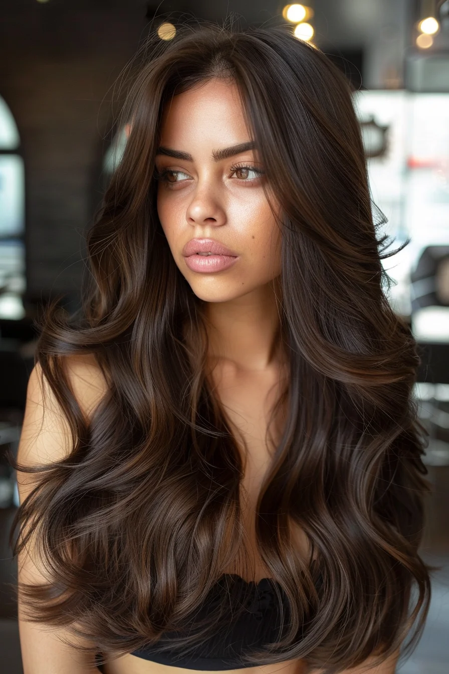 Long, voluminous waves in a rich espresso brown shade exude a chic and timeless appeal. Subtle highlights add depth and movement, catching the light to give the hair an ultra-glossy finish. It's sleek yet full-bodied, radiating an understated glamour perfect for those who love a sophisticated style.