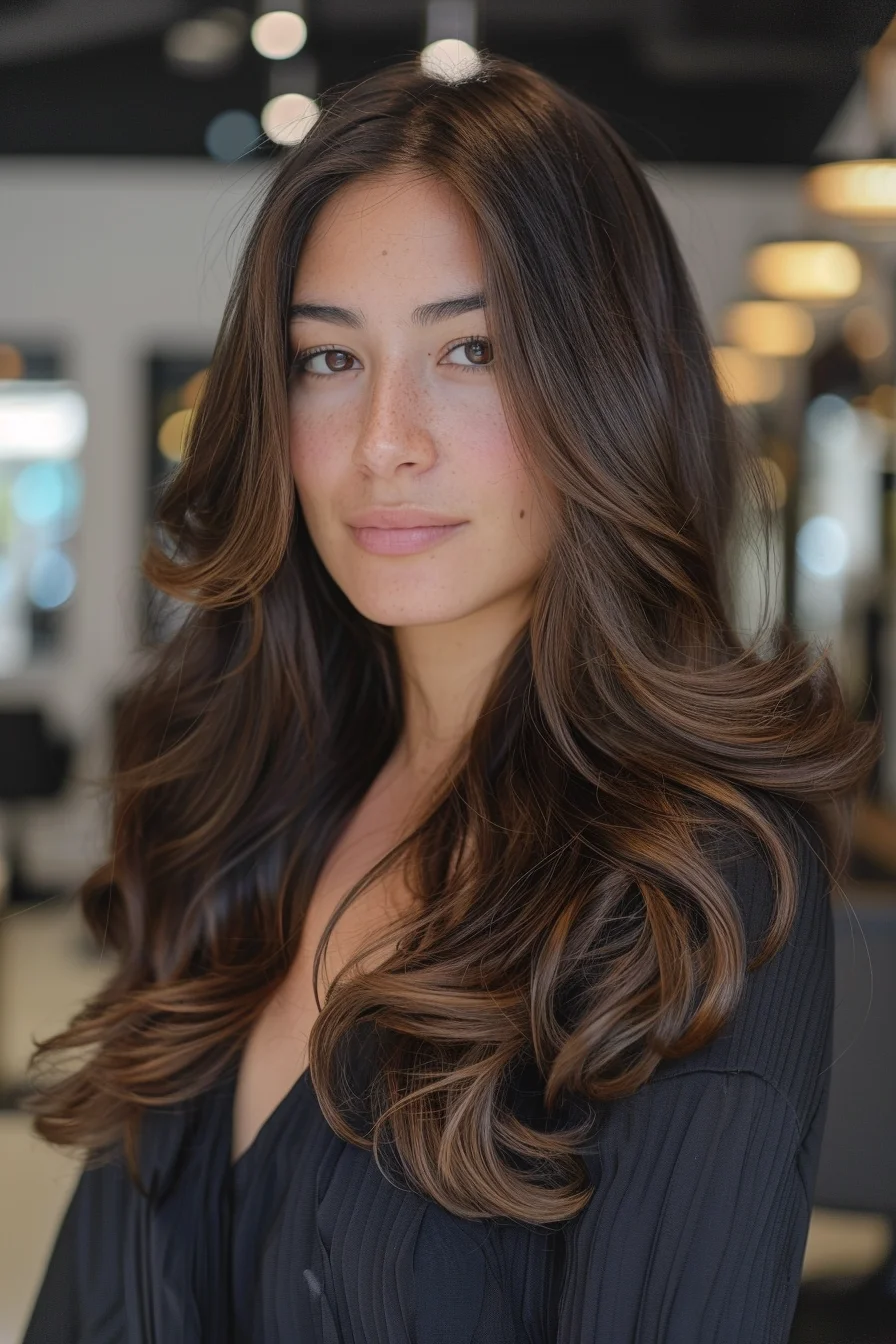 This look embraces long, bouncy waves with soft layers that create movement and body. The espresso brown base is enriched with subtle, warm highlights that catch the light, giving the hair a dynamic, glossy finish. It’s a graceful yet relaxed style that’s perfect for adding a touch of everyday glamour.