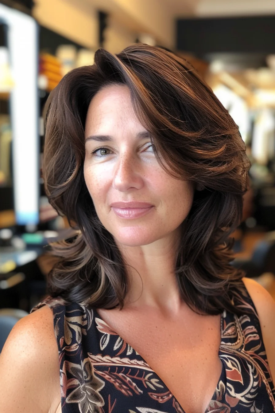 Styled with voluminous, feathered layers, this espresso brown bob is full of personality and bounce. The subtle highlights add depth and dimension, enhancing the rich base color. With a soft, sweeping side part, it’s a flattering style that frames the face beautifully, offering a chic and sophisticated edge.