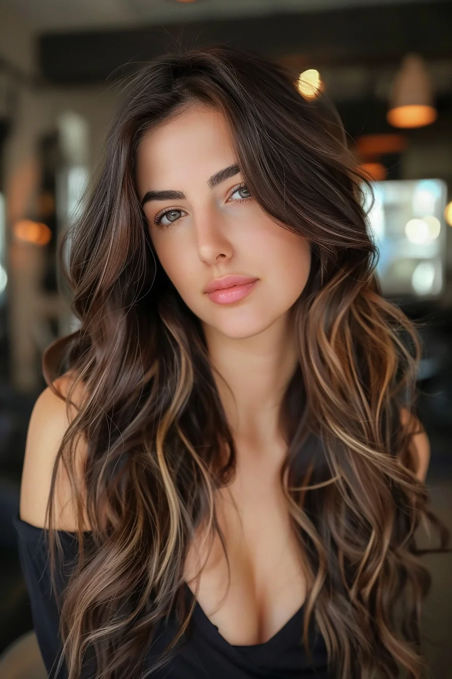 Loose waves cascade with a subtle mix of espresso and caramel hues, creating a beautiful contrast that brightens the overall look. The soft highlights enhance the natural waves, giving the hair a sun-kissed effect that is both effortless and chic, perfect for a fresh and youthful vibe.