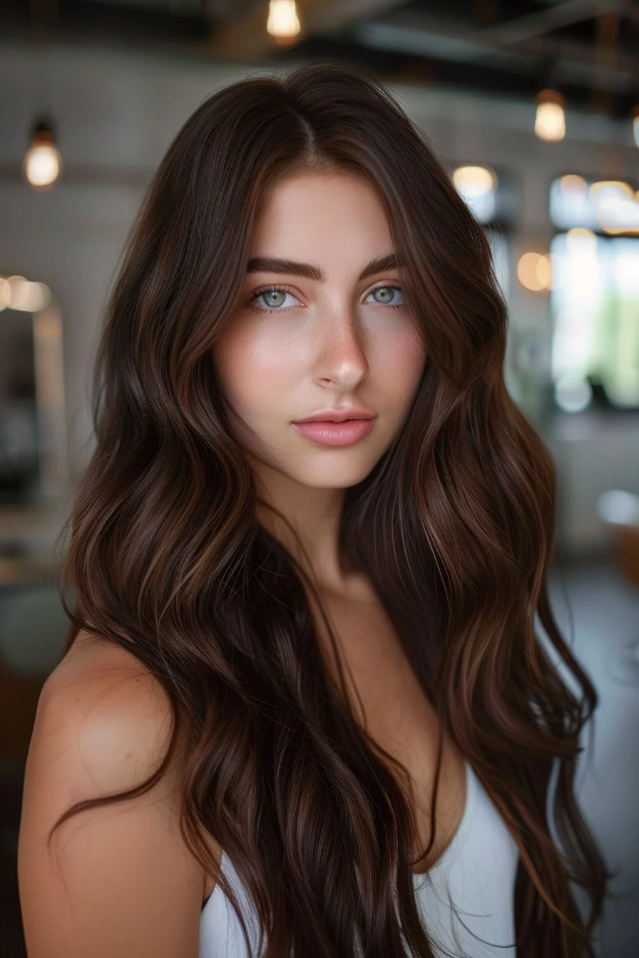 Deep espresso brown waves flow with a silky smooth texture that shines under the light. The simple yet elegant waves add volume without overwhelming the length, maintaining a natural, understated beauty. This style is ideal for anyone seeking a sophisticated look that’s easy to maintain and style.