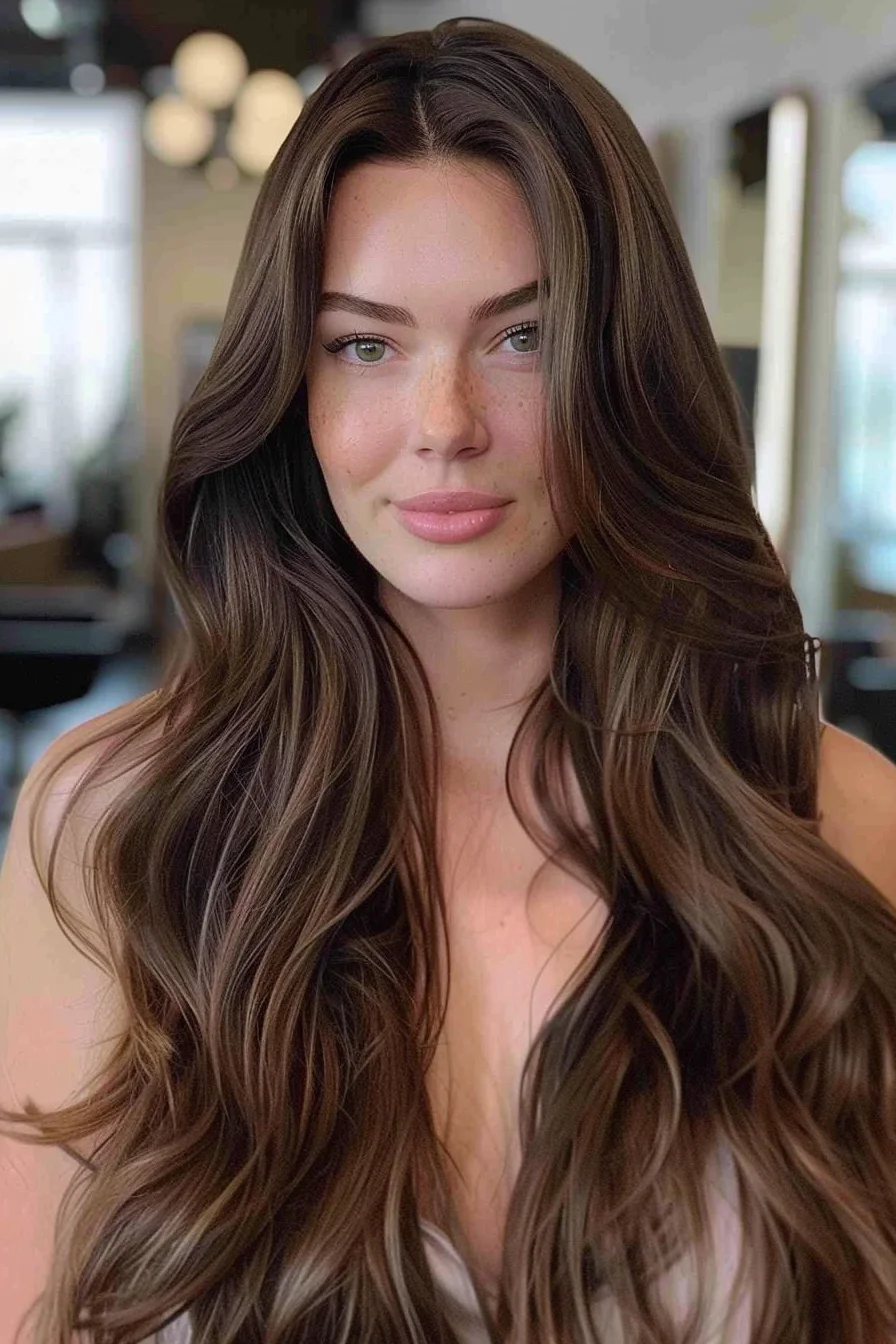 Soft, voluminous waves fall effortlessly around the shoulders, showcasing a rich espresso hue with hints of light brown accents. The natural-looking layers add a touch of drama while keeping the overall look relaxed and approachable. This hairstyle offers an easy way to bring life and movement to long hair.