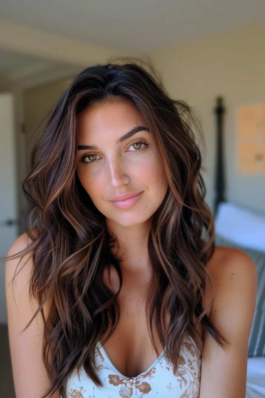 Loose waves in a deep espresso shade offer a relaxed, undone look with just the right amount of polish. The slightly tousled texture gives a laid-back, beachy feel that’s perfect for everyday wear. Subtle highlights enhance the natural movement of the waves, adding lightness and a breezy vibe.