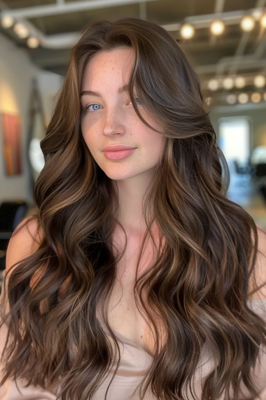 Soft, voluminous waves with a rich espresso brown color bring out the depth and texture of this look. Face-framing layers and subtle highlights add dimension, making the hair look fuller and more vibrant. It’s an effortlessly chic style that feels fresh and modern, perfect for everyday glam.