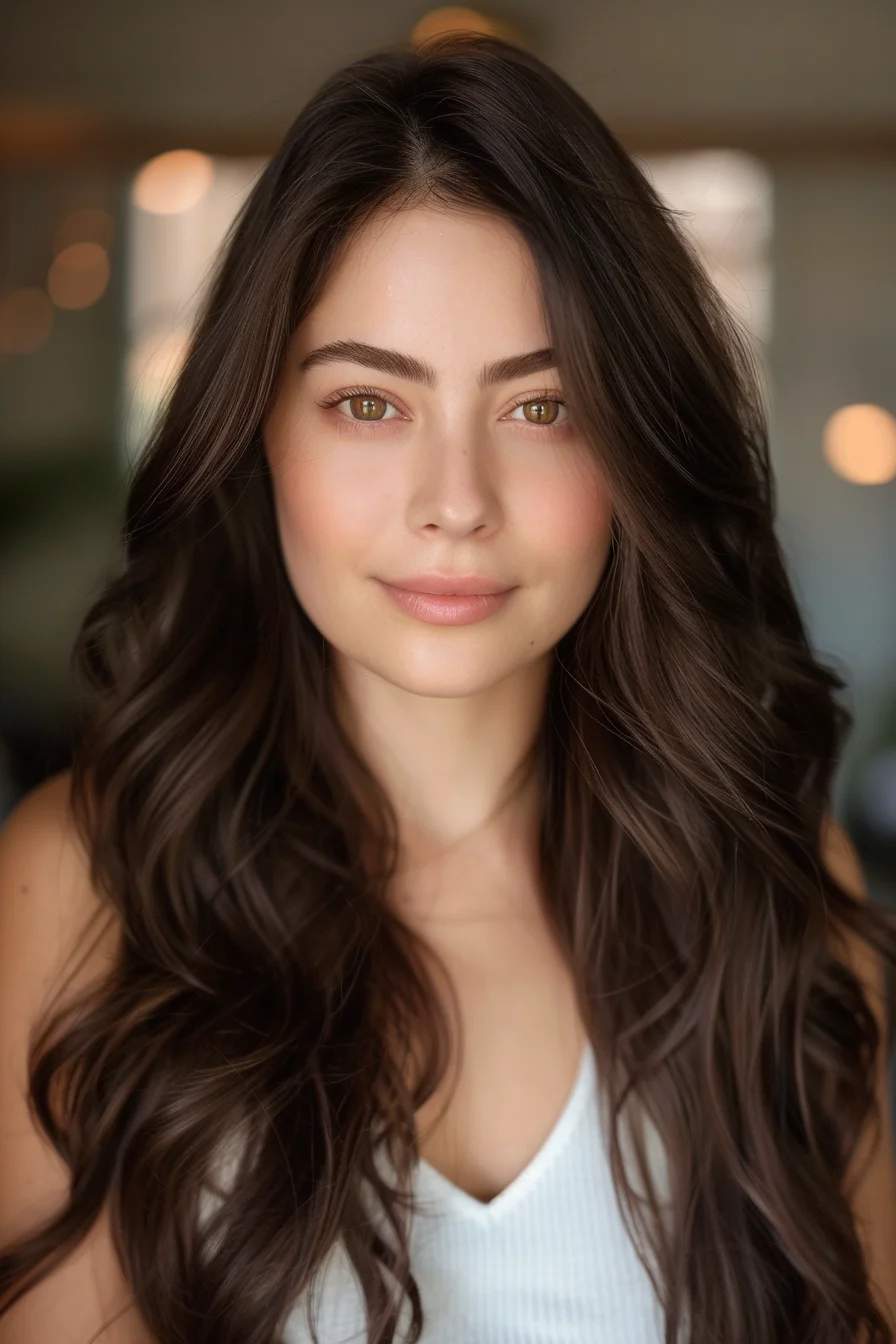 Long, cascading waves in a dark espresso shade create a luxurious and sleek look. The deep color enhances the natural shine, giving the hair a polished finish. Subtle layering adds movement without taking away from the simplicity of the style, making it ideal for those who love a minimalist aesthetic.