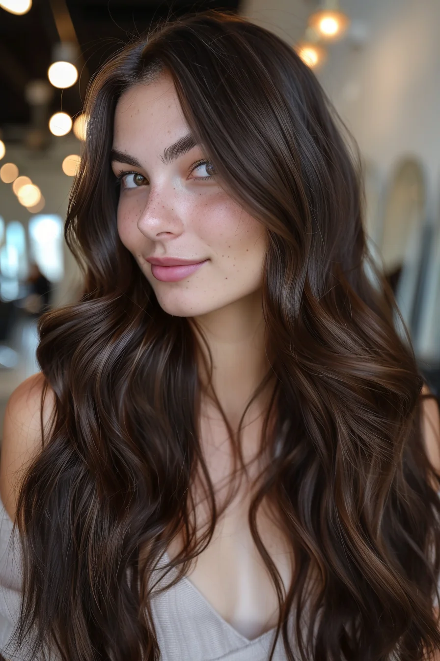 Bouncy waves flow effortlessly in a deep espresso brown, creating a dynamic and lively hairstyle. The waves add volume and texture, while the rich color maintains a sleek and sophisticated vibe. This style is perfect for anyone looking to add a touch of playfulness to a classic, refined look.