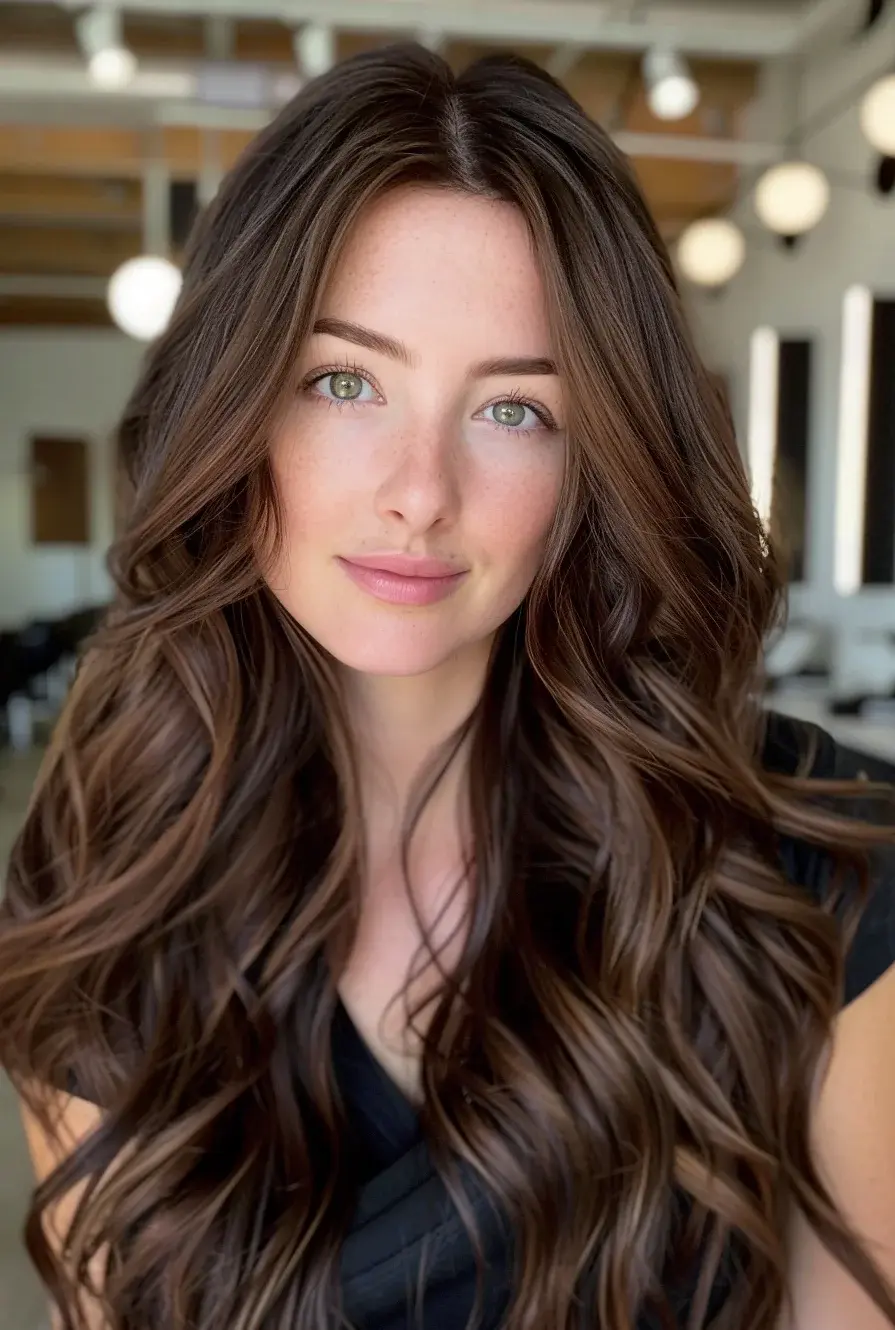 Loose waves in a deep espresso hue showcase a seamless blend of subtle highlights that brighten the overall style. The soft waves frame the face beautifully, adding a touch of softness and movement. This look strikes a balance between relaxed and polished, making it versatile for any occasion.