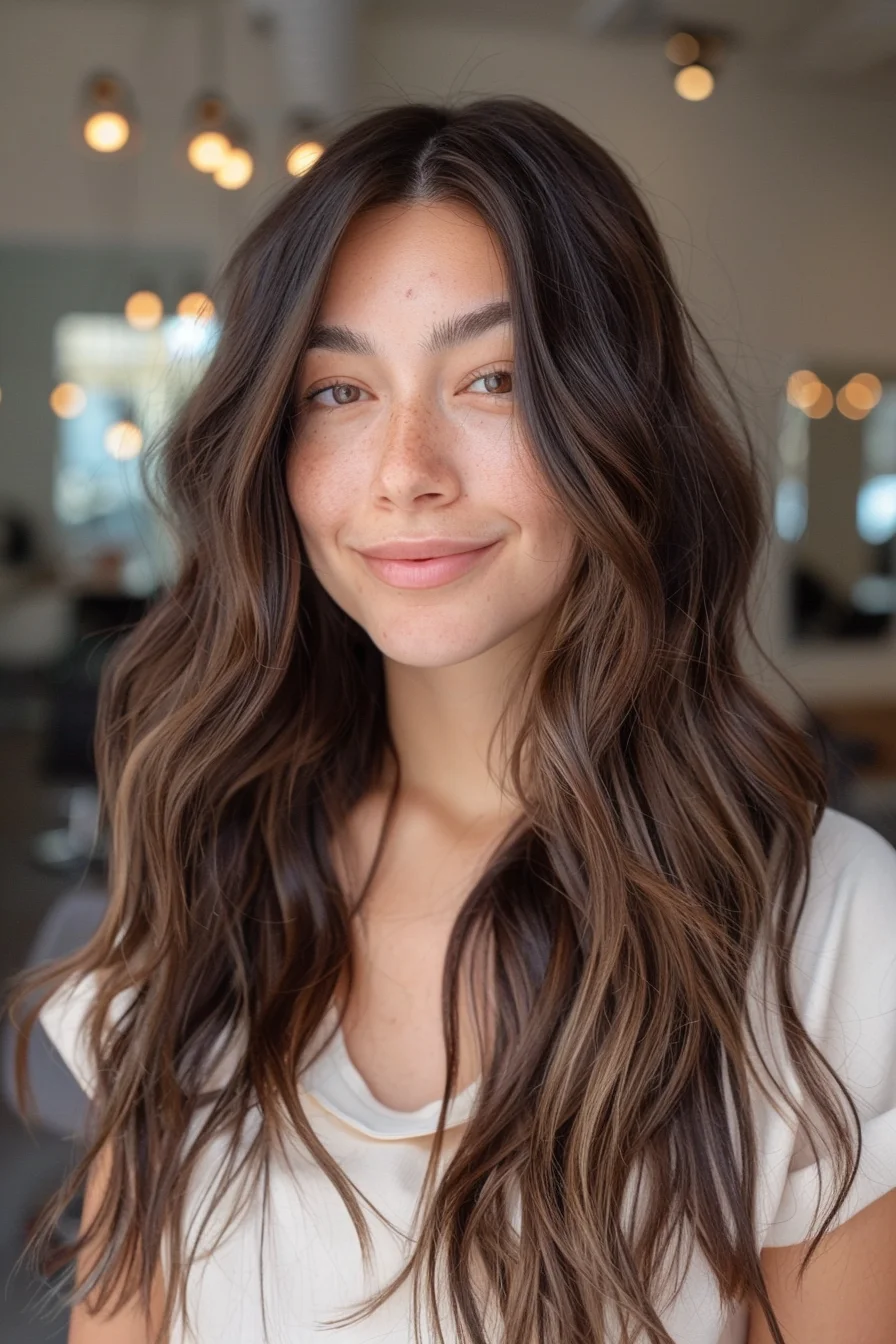 The deep espresso waves in this style fall gracefully past the shoulders, creating a flowing and natural look. Subtle highlights throughout add dimension and a hint of warmth, enhancing the depth of the color. This easy-going yet elegant style is perfect for those who want a polished, low-maintenance option.