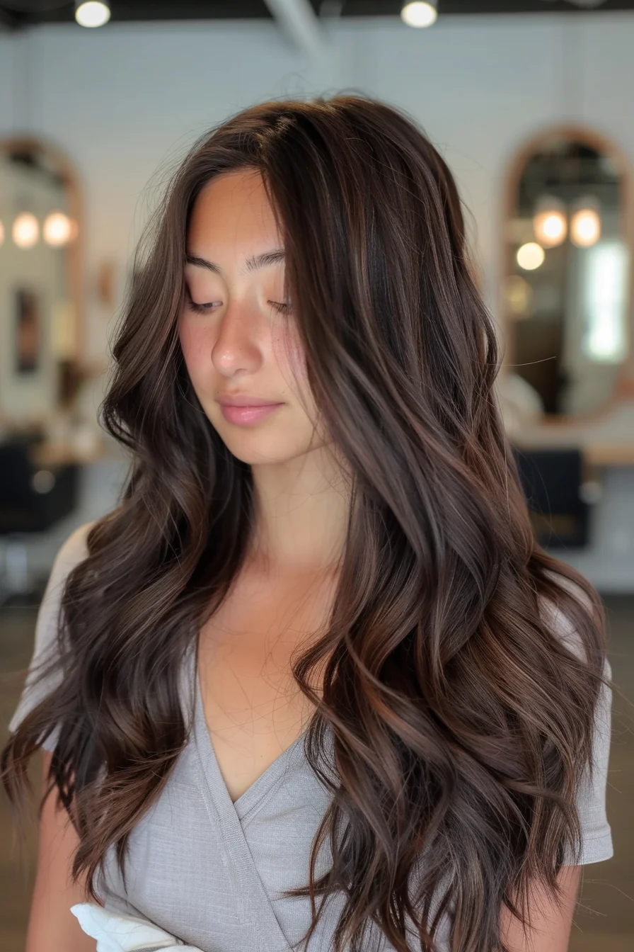 Soft, beachy waves in a rich espresso brown create an effortlessly cool vibe. The tousled texture adds a laid-back feel, while the subtle highlights bring lightness and dimension to the dark base. It’s a perfect choice for those who love a casual, breezy look with a touch of refinement.